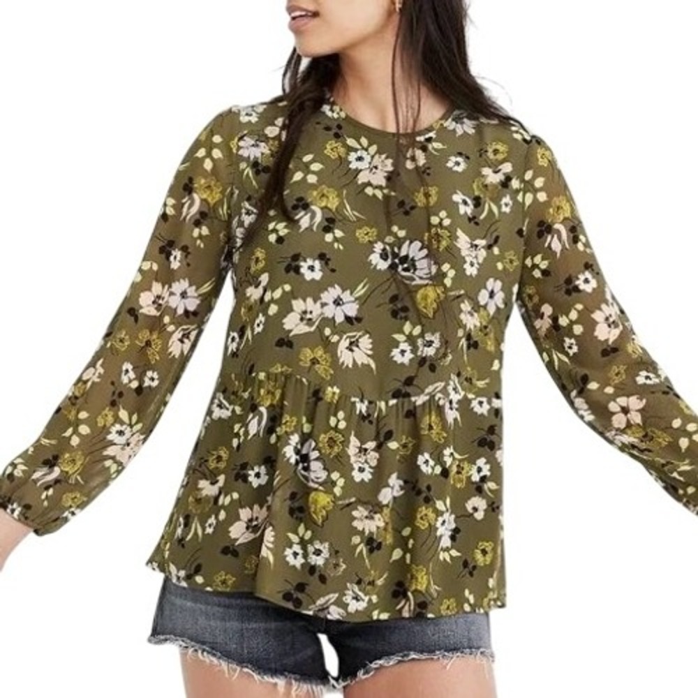 Madewell Green Floral Print Tiered Peplum Long Sleeve Top Blouse Size Small